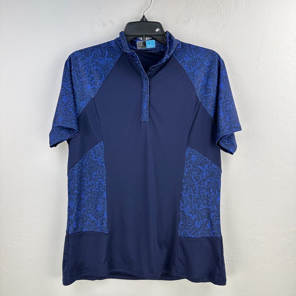 PGA Tour Golf Shirt Mens Large Blue SPF 50 Abstract Raglan Sleeve Mock Neck‎